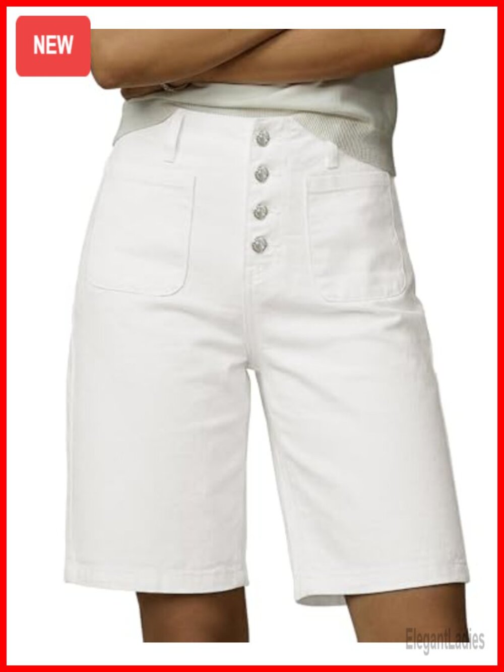 High Waisted Bermuda Jean Shorts Stretchy Denim Button Fly Patch Pocket Summer